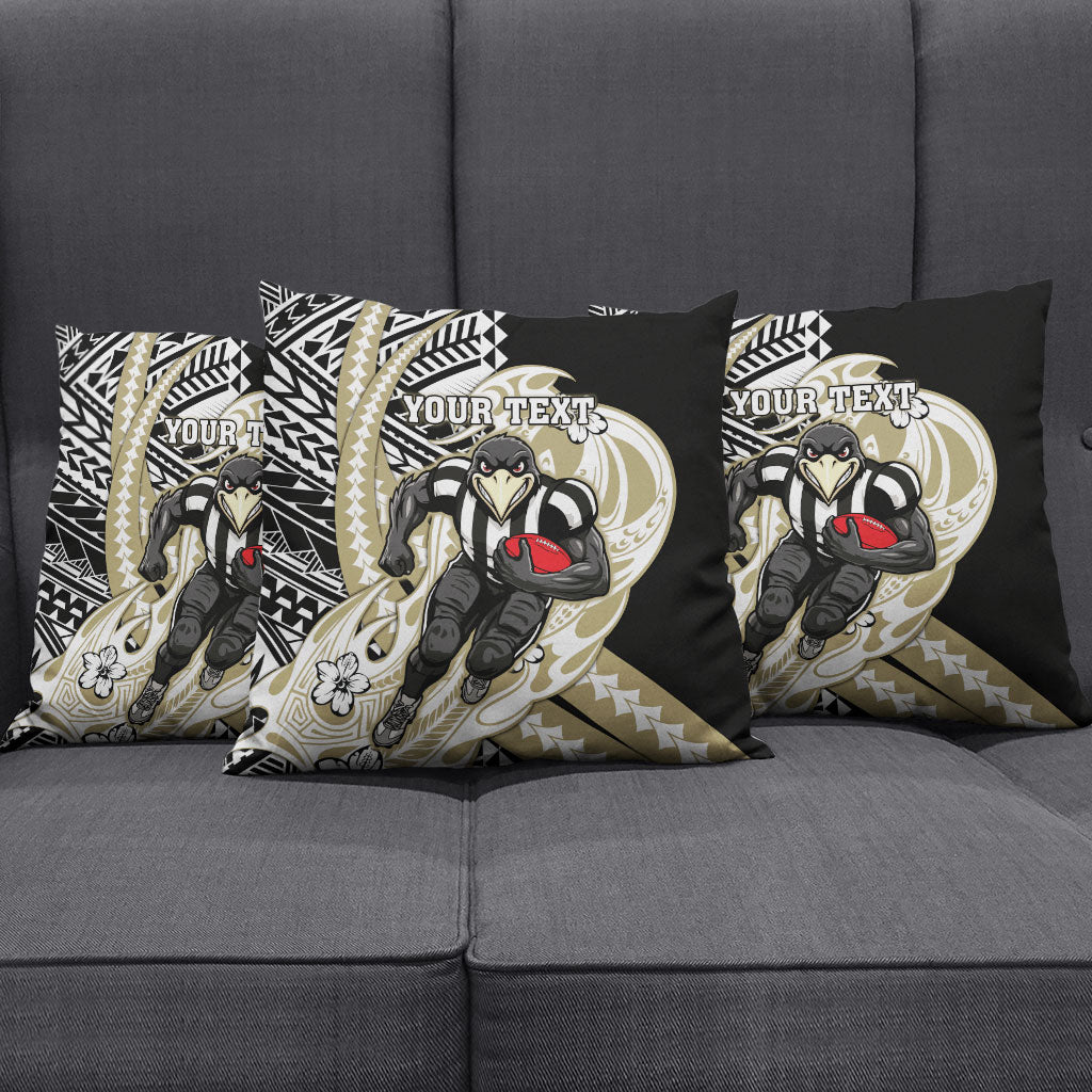 Personalized Collingwood Magpies Pillow Cover Polynesian Tribal Magpie Mascot With Hibiscus Floral Art