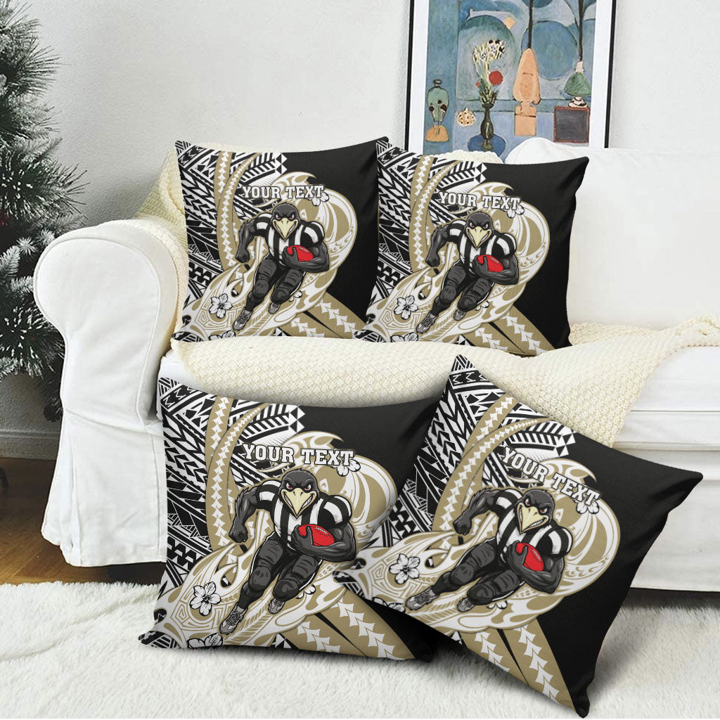 Personalized Collingwood Magpies Pillow Cover Polynesian Tribal Magpie Mascot With Hibiscus Floral Art