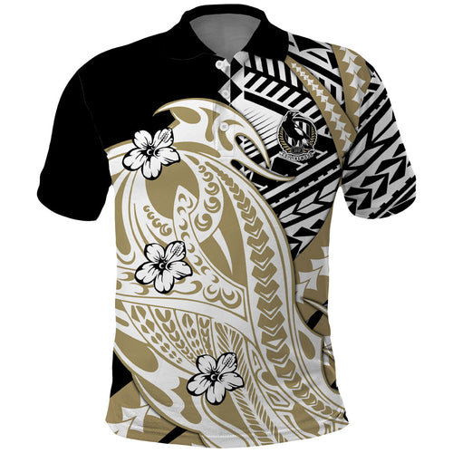 Personalized Collingwood Magpies Polo Shirt Polynesian Tribal Magpie Mascot With Hibiscus Floral Art
