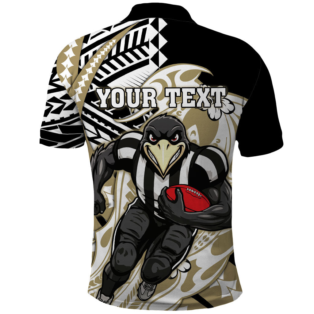 Personalized Collingwood Magpies Polo Shirt Polynesian Tribal Magpie Mascot With Hibiscus Floral Art