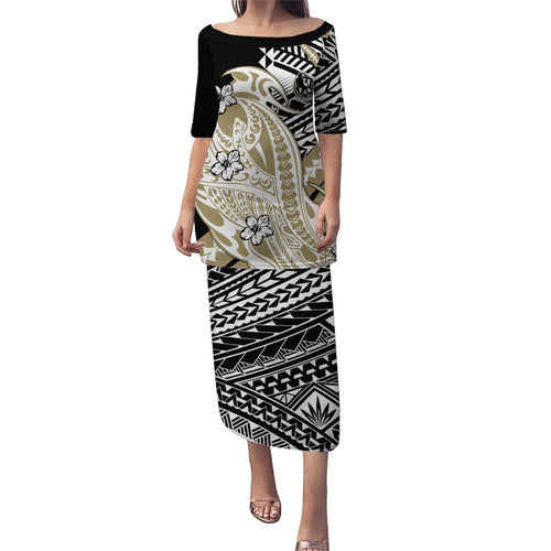 Personalized Collingwood Magpies Puletasi Polynesian Tribal Magpie Mascot With Hibiscus Floral Art