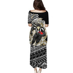 Personalized Collingwood Magpies Puletasi Polynesian Tribal Magpie Mascot With Hibiscus Floral Art