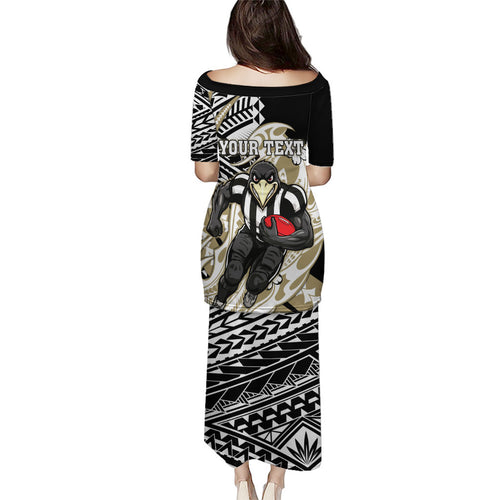 Personalized Collingwood Magpies Puletasi Polynesian Tribal Magpie Mascot With Hibiscus Floral Art