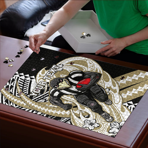 Personalized Collingwood Magpies Puzzle Polynesian Tribal Magpie Mascot With Hibiscus Floral Art