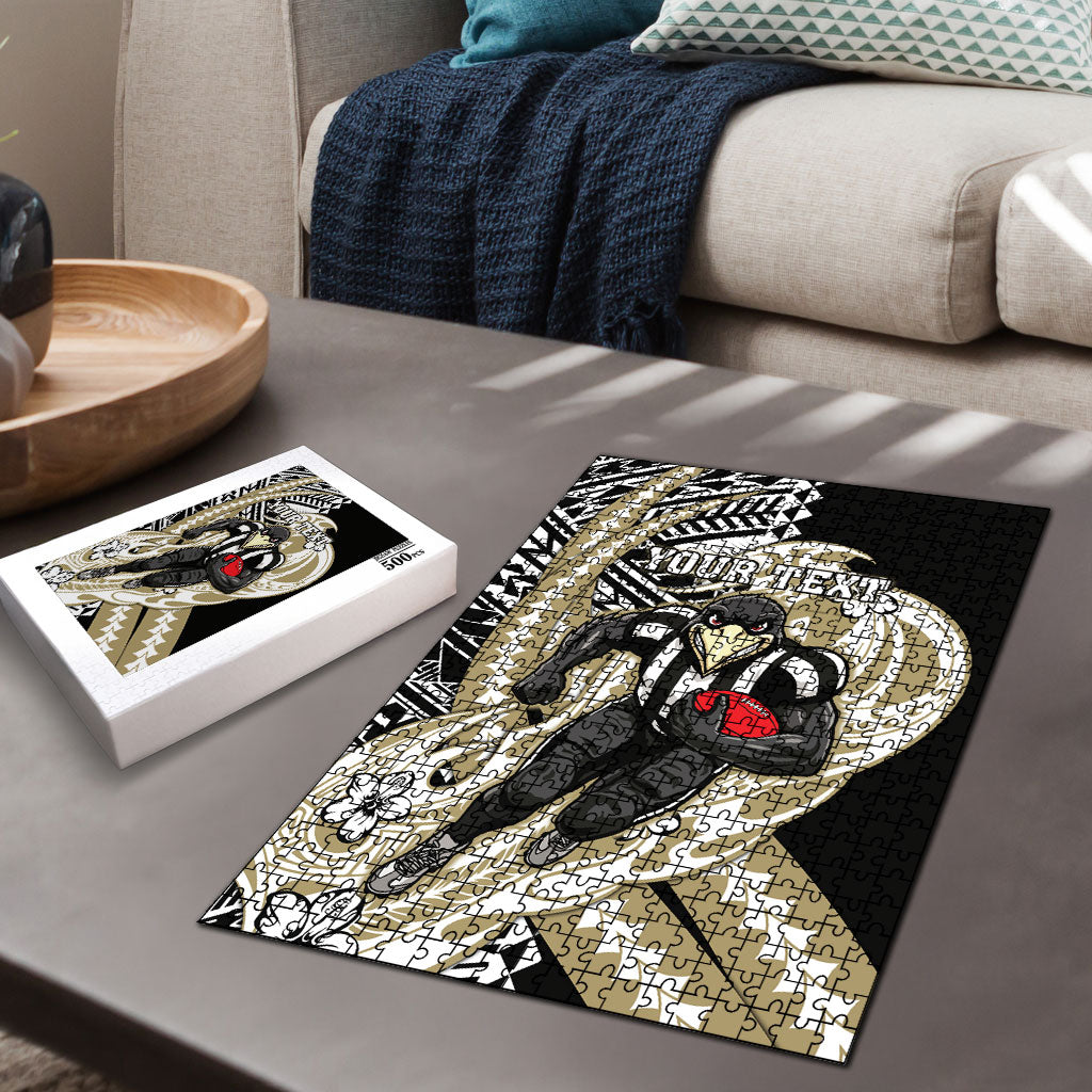 Personalized Collingwood Magpies Puzzle Polynesian Tribal Magpie Mascot With Hibiscus Floral Art