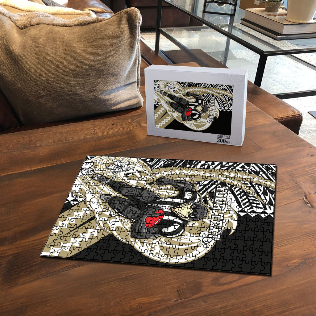 Personalized Collingwood Magpies Puzzle Polynesian Tribal Magpie Mascot With Hibiscus Floral Art