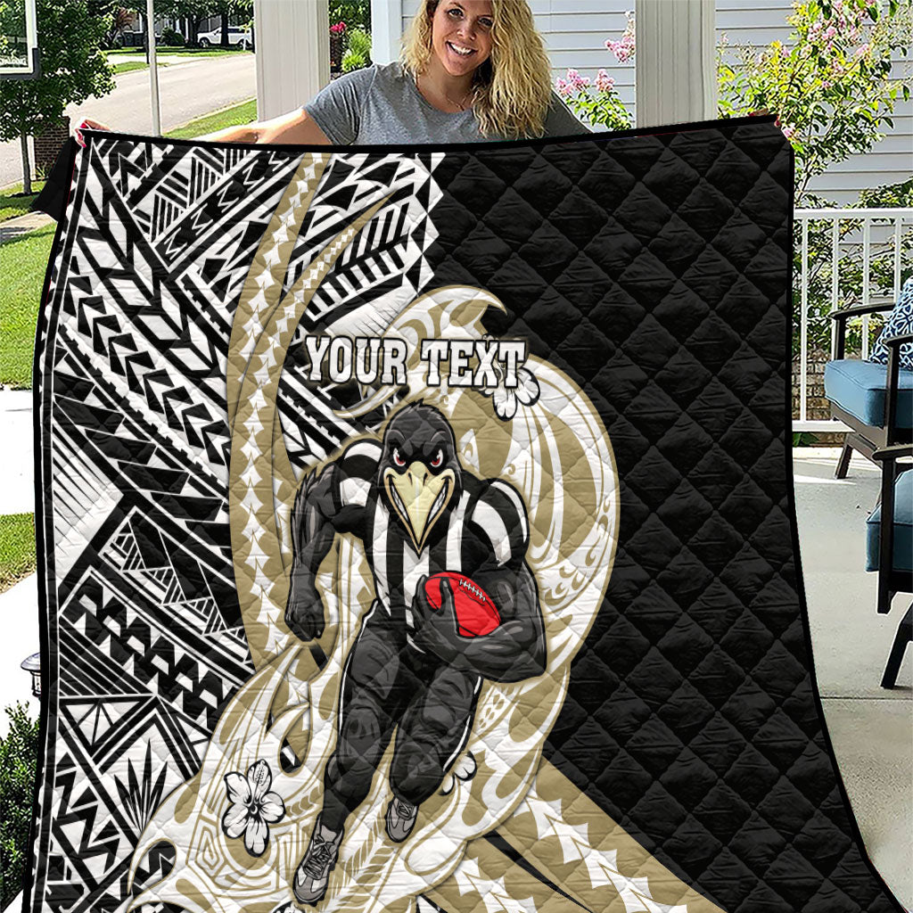 Personalized Collingwood Magpies Quilt Polynesian Tribal Magpie Mascot With Hibiscus Floral Art
