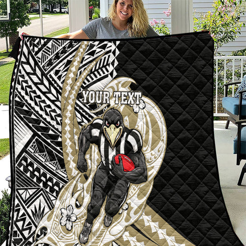 Personalized Collingwood Magpies Quilt Polynesian Tribal Magpie Mascot With Hibiscus Floral Art
