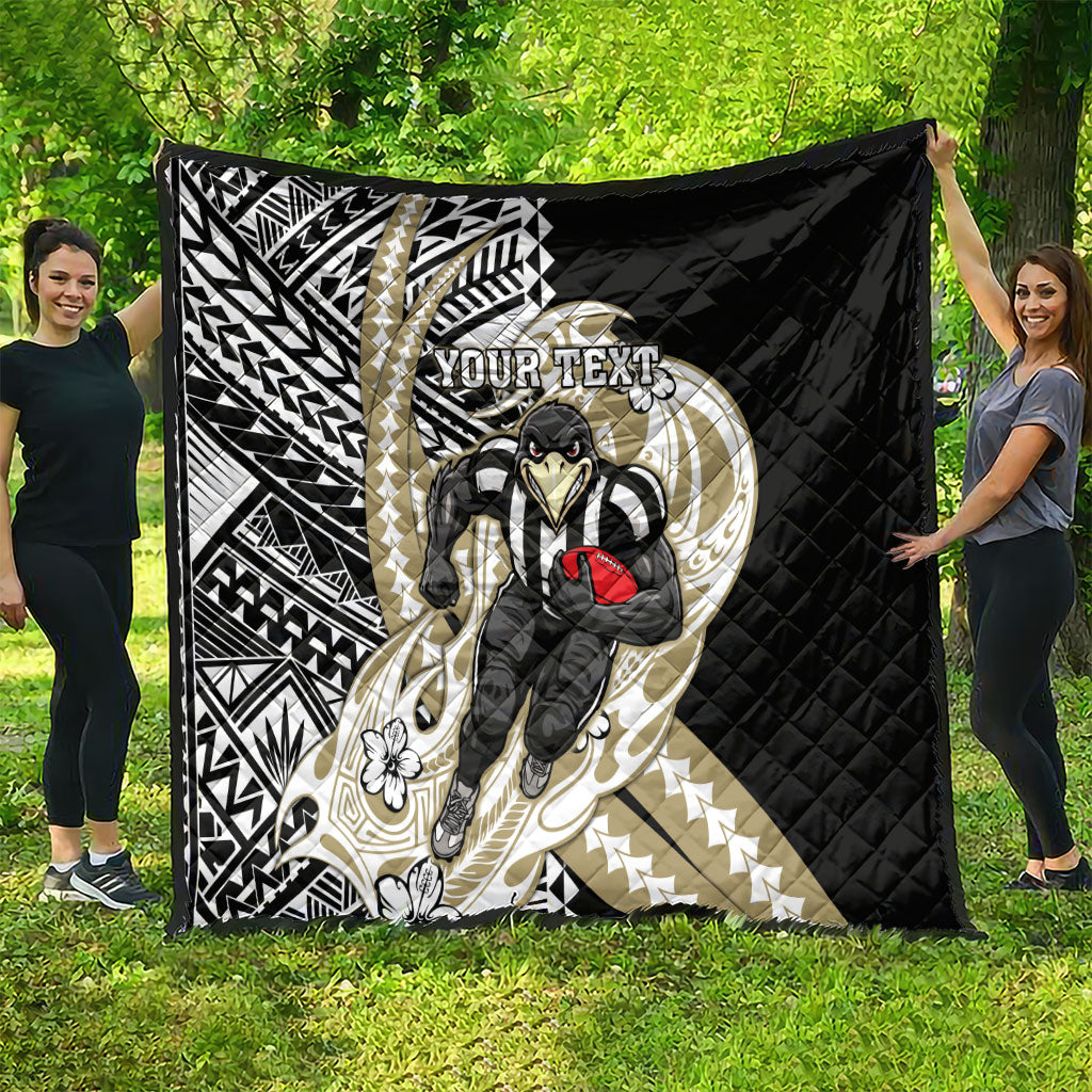Personalized Collingwood Magpies Quilt Polynesian Tribal Magpie Mascot With Hibiscus Floral Art