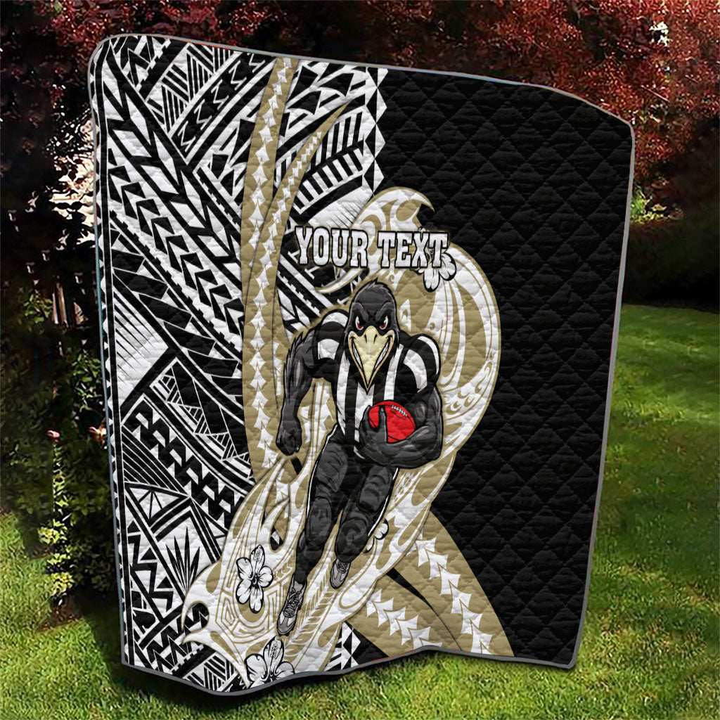 Personalized Collingwood Magpies Quilt Polynesian Tribal Magpie Mascot With Hibiscus Floral Art