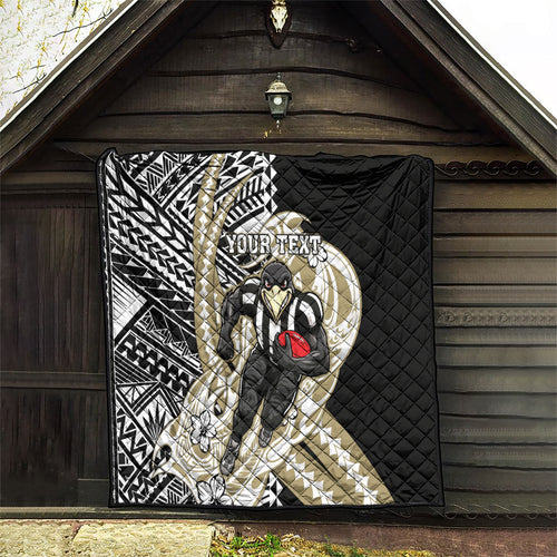 Personalized Collingwood Magpies Quilt Polynesian Tribal Magpie Mascot With Hibiscus Floral Art