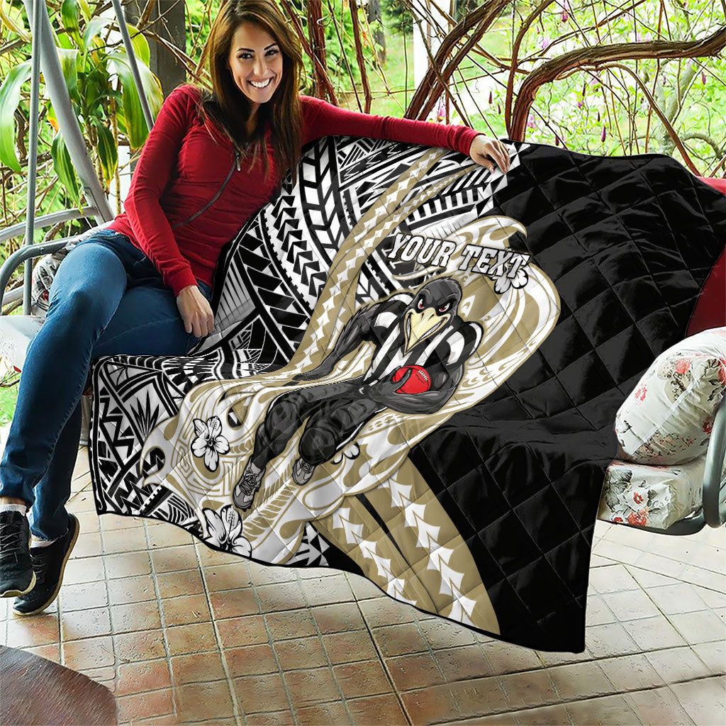 Personalized Collingwood Magpies Quilt Polynesian Tribal Magpie Mascot With Hibiscus Floral Art