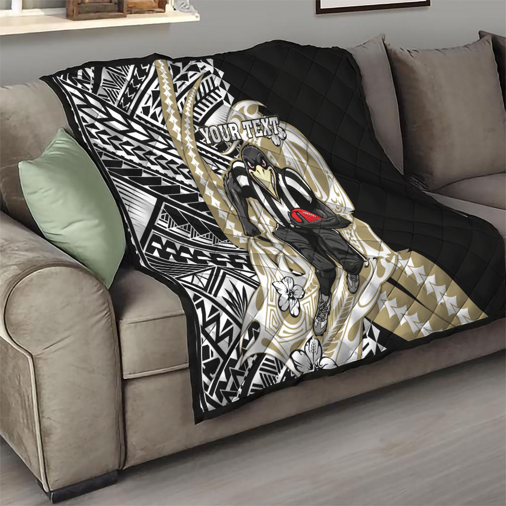 Personalized Collingwood Magpies Quilt Polynesian Tribal Magpie Mascot With Hibiscus Floral Art