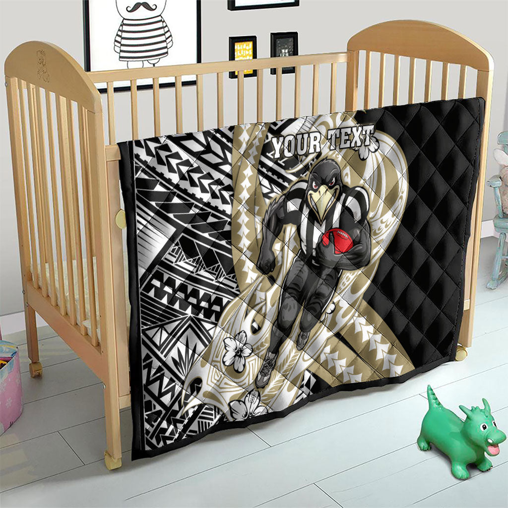 Personalized Collingwood Magpies Quilt Polynesian Tribal Magpie Mascot With Hibiscus Floral Art