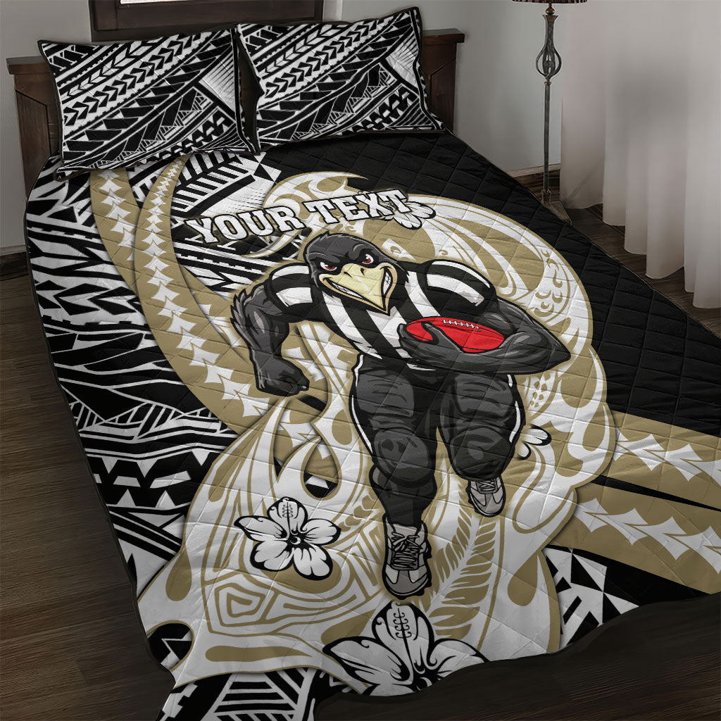 Personalized Collingwood Magpies Quilt Bed Set Polynesian Tribal Magpie Mascot With Hibiscus Floral Art