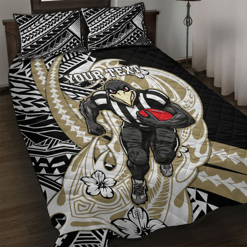 Personalized Collingwood Magpies Quilt Bed Set Polynesian Tribal Magpie Mascot With Hibiscus Floral Art