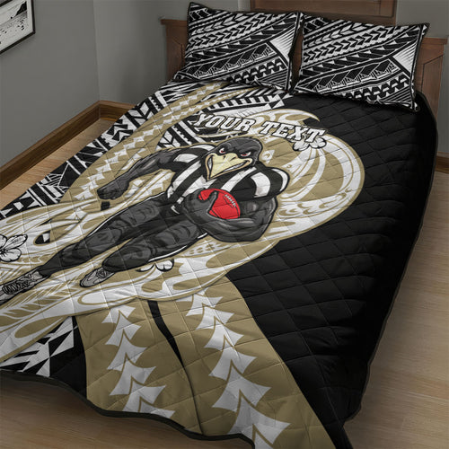 Personalized Collingwood Magpies Quilt Bed Set Polynesian Tribal Magpie Mascot With Hibiscus Floral Art