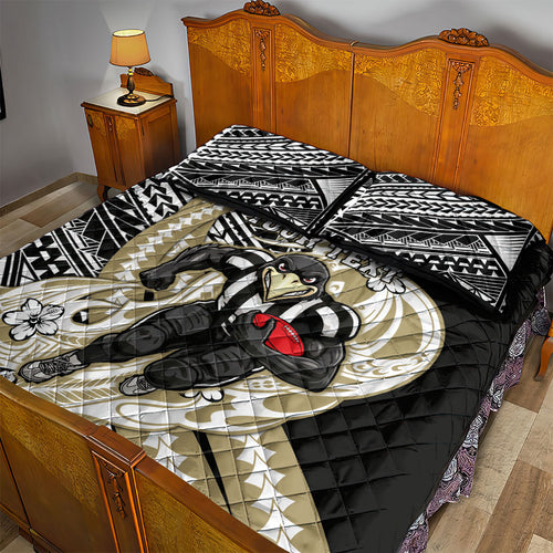 Personalized Collingwood Magpies Quilt Bed Set Polynesian Tribal Magpie Mascot With Hibiscus Floral Art