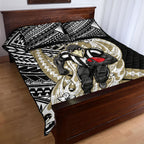 Personalized Collingwood Magpies Quilt Bed Set Polynesian Tribal Magpie Mascot With Hibiscus Floral Art