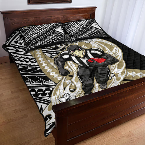 Personalized Collingwood Magpies Quilt Bed Set Polynesian Tribal Magpie Mascot With Hibiscus Floral Art