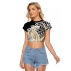 Personalized Collingwood Magpies Raglan Cropped T Shirt Polynesian Tribal Magpie Mascot With Hibiscus Floral Art
