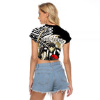 Personalized Collingwood Magpies Raglan Cropped T Shirt Polynesian Tribal Magpie Mascot With Hibiscus Floral Art