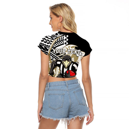 Personalized Collingwood Magpies Raglan Cropped T Shirt Polynesian Tribal Magpie Mascot With Hibiscus Floral Art