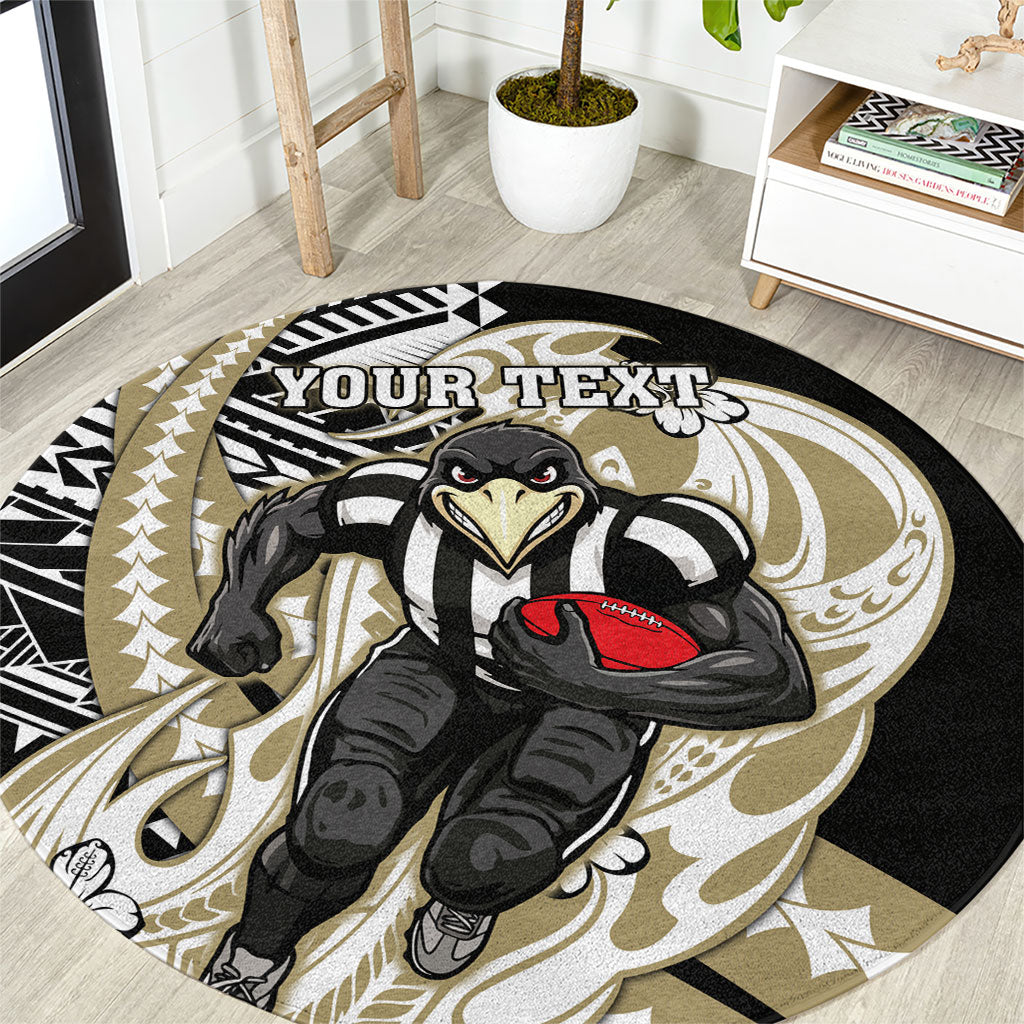 Personalized Collingwood Magpies Round Carpet Polynesian Tribal Magpie Mascot With Hibiscus Floral Art