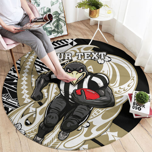 Personalized Collingwood Magpies Round Carpet Polynesian Tribal Magpie Mascot With Hibiscus Floral Art