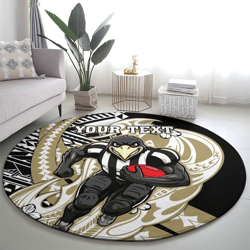 Personalized Collingwood Magpies Round Carpet Polynesian Tribal Magpie Mascot With Hibiscus Floral Art
