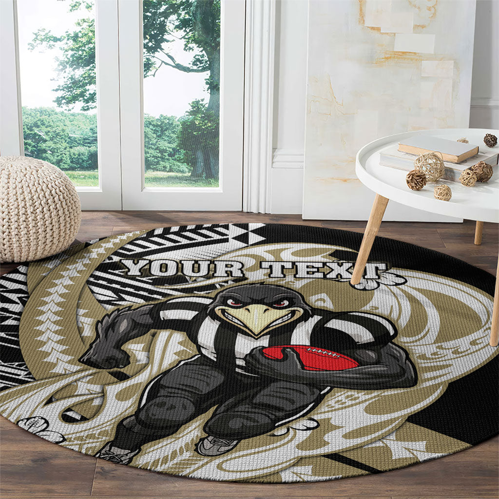 Personalized Collingwood Magpies Round Carpet Polynesian Tribal Magpie Mascot With Hibiscus Floral Art