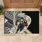 Personalized Collingwood Magpies Rubber Doormat Polynesian Tribal Magpie Mascot With Hibiscus Floral Art
