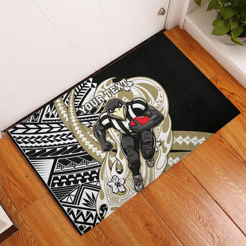 Personalized Collingwood Magpies Rubber Doormat Polynesian Tribal Magpie Mascot With Hibiscus Floral Art