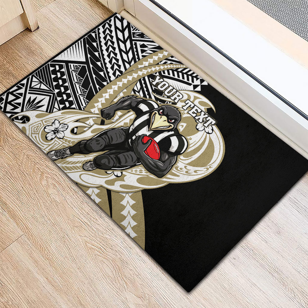 Personalized Collingwood Magpies Rubber Doormat Polynesian Tribal Magpie Mascot With Hibiscus Floral Art