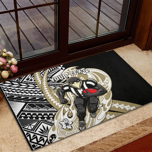 Personalized Collingwood Magpies Rubber Doormat Polynesian Tribal Magpie Mascot With Hibiscus Floral Art