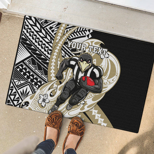 Personalized Collingwood Magpies Rubber Doormat Polynesian Tribal Magpie Mascot With Hibiscus Floral Art