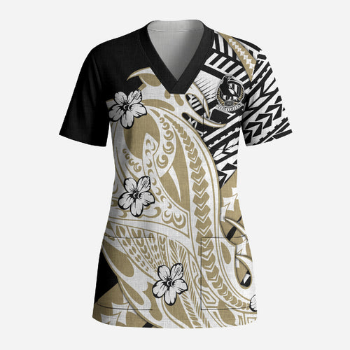 Personalized Collingwood Magpies Scrub Top Polynesian Tribal Magpie Mascot With Hibiscus Floral Art