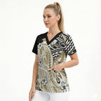 Personalized Collingwood Magpies Scrub Top Polynesian Tribal Magpie Mascot With Hibiscus Floral Art