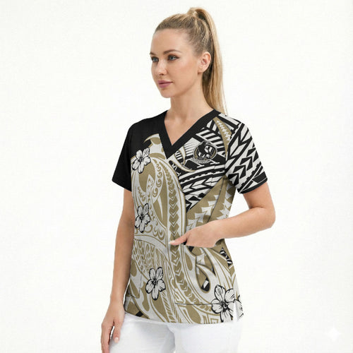 Personalized Collingwood Magpies Scrub Top Polynesian Tribal Magpie Mascot With Hibiscus Floral Art