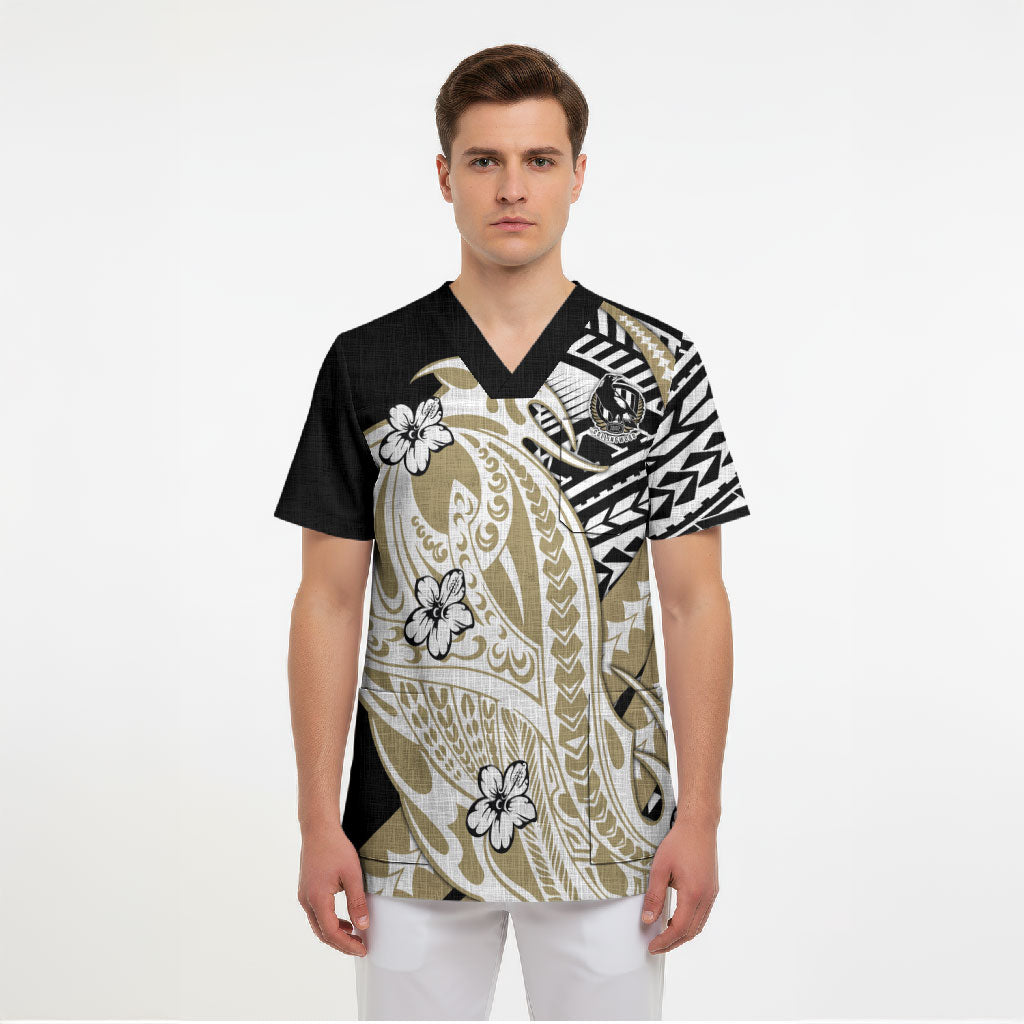 Personalized Collingwood Magpies Scrub Top Polynesian Tribal Magpie Mascot With Hibiscus Floral Art