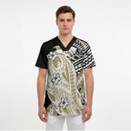 Personalized Collingwood Magpies Scrub Top Polynesian Tribal Magpie Mascot With Hibiscus Floral Art