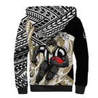 Personalized Collingwood Magpies Sherpa Hoodie Polynesian Tribal Magpie Mascot With Hibiscus Floral Art