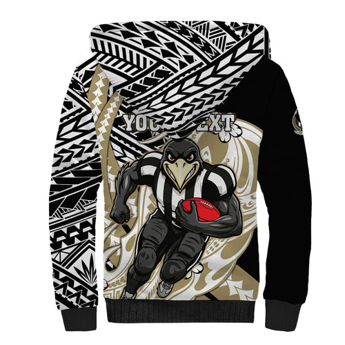 Personalized Collingwood Magpies Sherpa Hoodie Polynesian Tribal Magpie Mascot With Hibiscus Floral Art