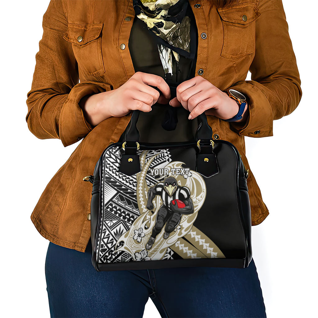 Personalized Collingwood Magpies Shoulder Handbag Polynesian Tribal Magpie Mascot With Hibiscus Floral Art