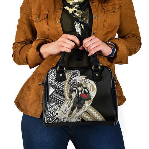 Personalized Collingwood Magpies Shoulder Handbag Polynesian Tribal Magpie Mascot With Hibiscus Floral Art