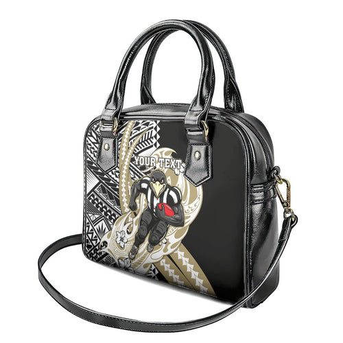 Personalized Collingwood Magpies Shoulder Handbag Polynesian Tribal Magpie Mascot With Hibiscus Floral Art
