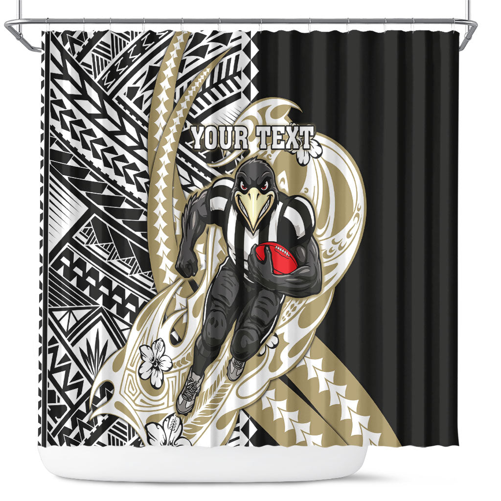 Personalized Collingwood Magpies Shower Curtain Polynesian Tribal Magpie Mascot With Hibiscus Floral Art