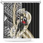 Personalized Collingwood Magpies Shower Curtain Polynesian Tribal Magpie Mascot With Hibiscus Floral Art