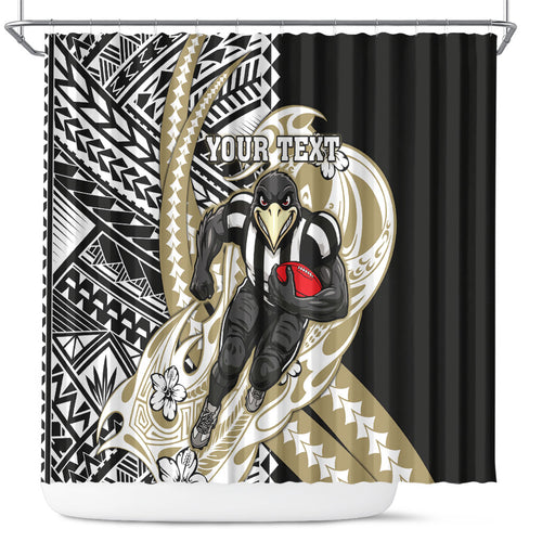 Personalized Collingwood Magpies Shower Curtain Polynesian Tribal Magpie Mascot With Hibiscus Floral Art