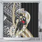 Personalized Collingwood Magpies Shower Curtain Polynesian Tribal Magpie Mascot With Hibiscus Floral Art